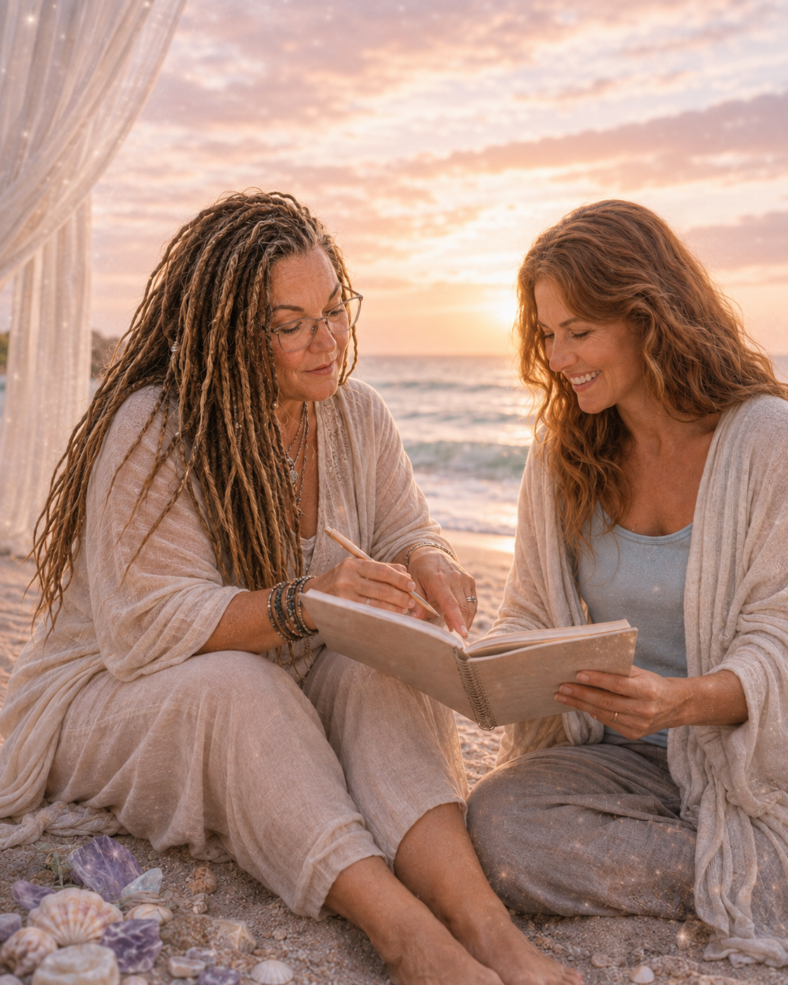 Two women sharing a quiet, joyful moment together at sunset on the beach