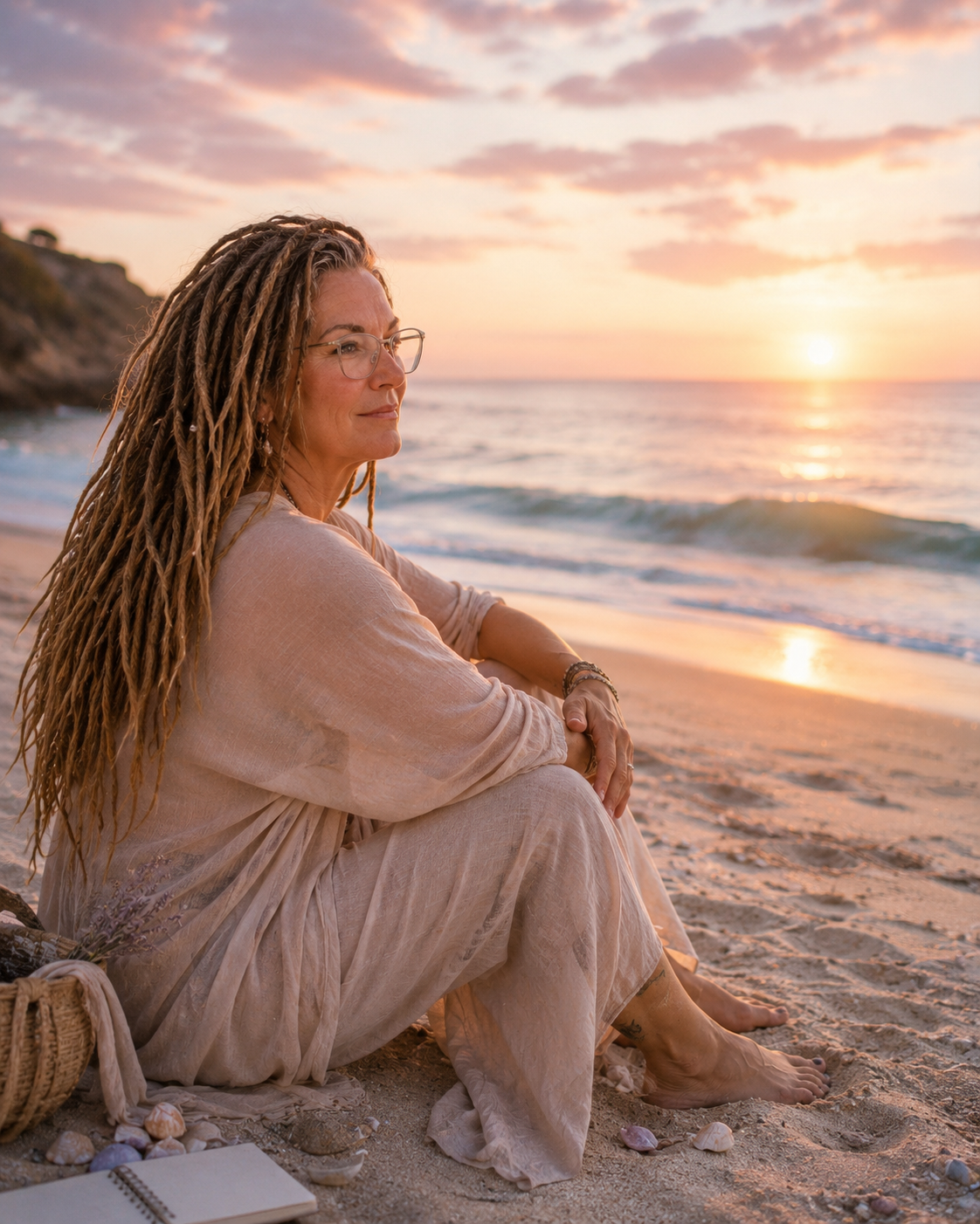 Amanda sitting peacefully on the beach at sunset