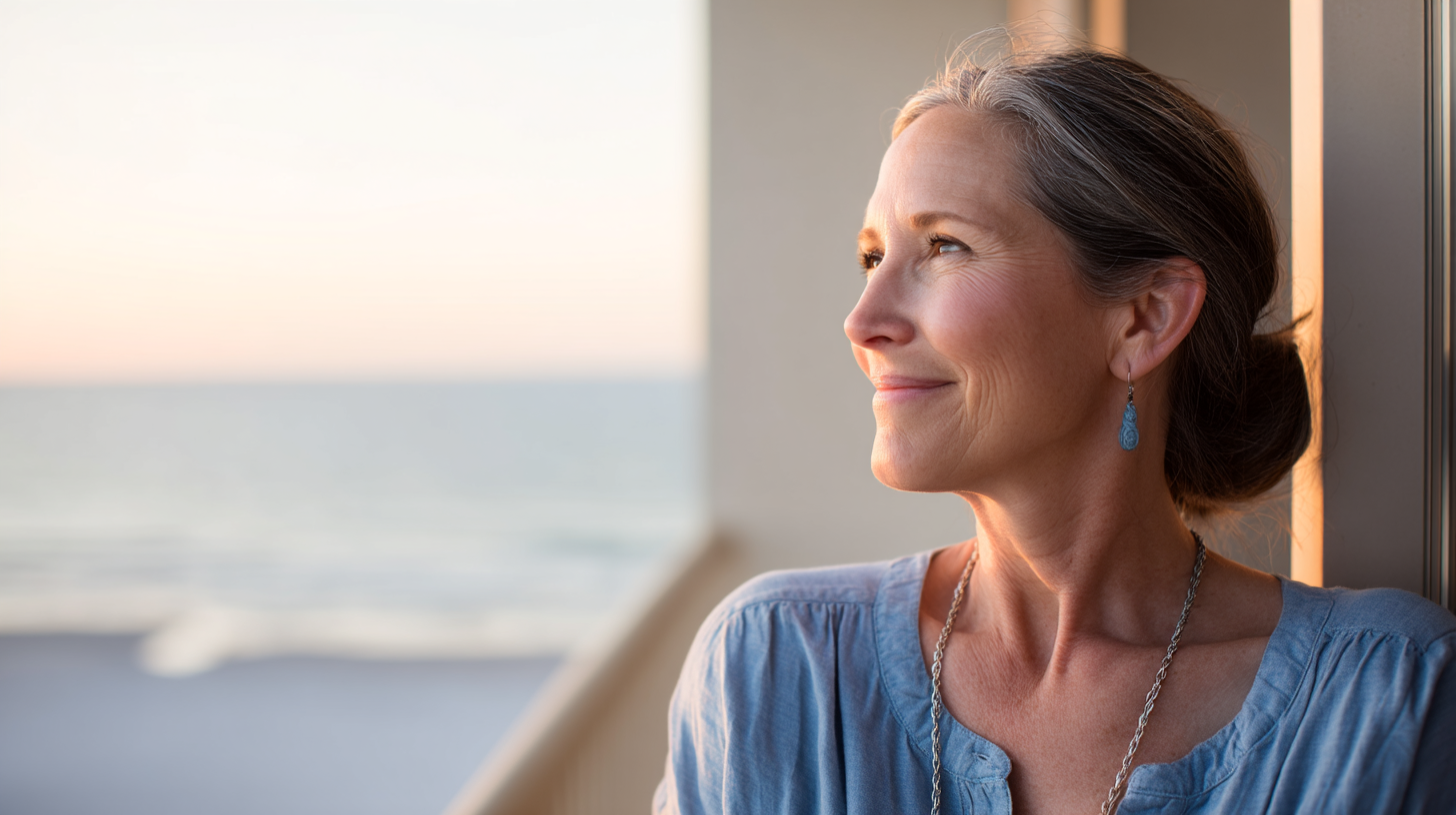 A woman looking out at a sunset over the ocean, a moment of quiet reflection